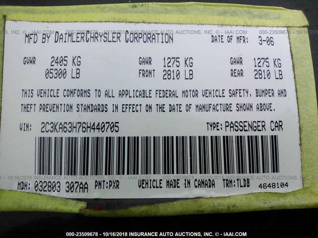2C3KA63H76H440705 - 2006 CHRYSLER 300C შავი ფოტო 9