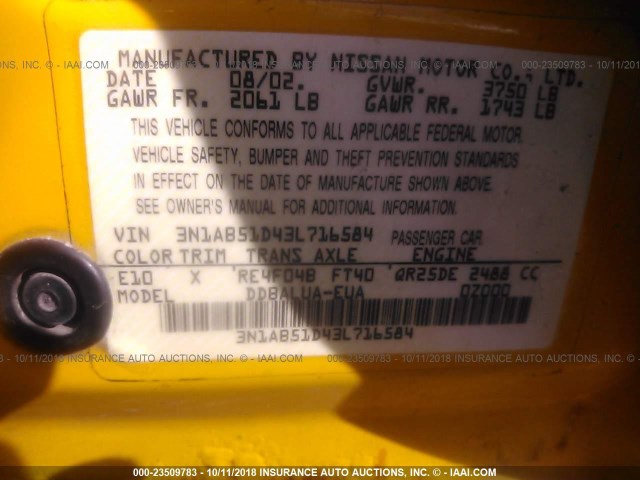 3N1AB51D43L716584 - 2003 NISSAN SENTRA SE-R SPEC V YELLOW photo 9