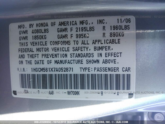 1HGCM561X7A052871 - 2007 HONDA ACCORD VALUE SILVER photo 9