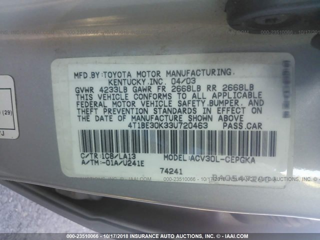 4T1BE30K33U720463 - 2003 TOYOTA CAMRY LE/XLE/SE 银色 照片 9