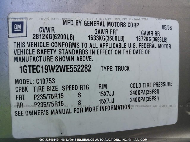 1GTEC19W2WE552282 - 1998 GMC SIERRA C1500 GRAY photo 9