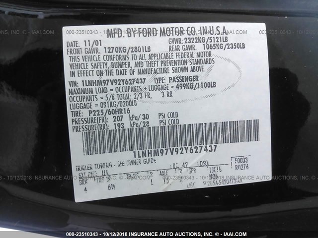 1LNHM97V92Y627437 - 2002 LINCOLN CONTINENTAL  Қара фото 9