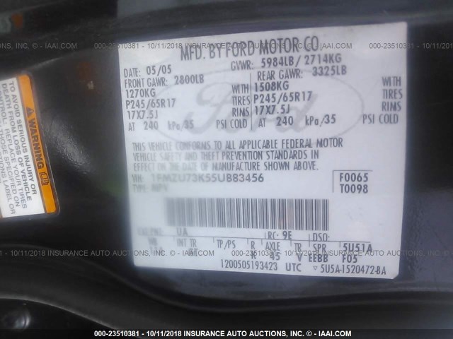 1FMZU73K55UB83456 - 2005 FORD EXPLORER XLT/XLT SPORT/NBX 黑色 照片 9