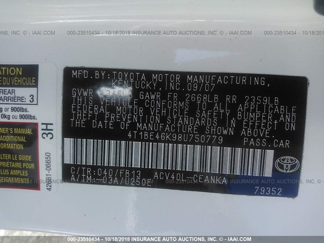 4T1BE46K98U750779 - 2008 TOYOTA CAMRY CE/LE/XLE/SE WHITE photo 9