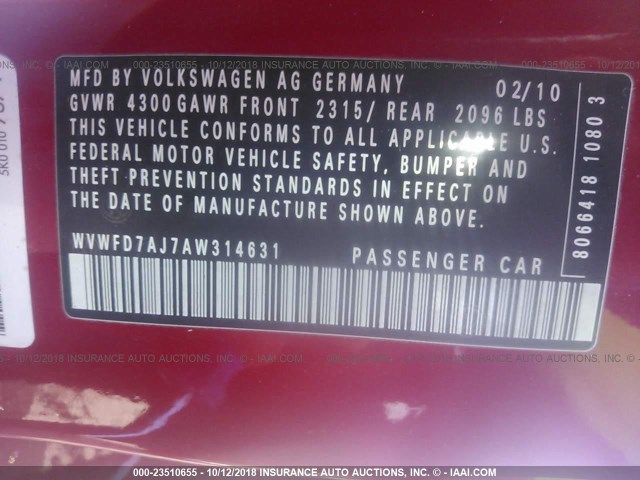 WVWFD7AJ7AW314631 - 2010 VOLKSWAGEN GTI RED photo 9