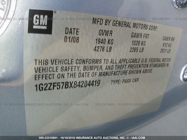 1G2ZF57BX84204419 - 2008 PONTIAC G6 VALUE LEADER/BASE GRAY photo 9