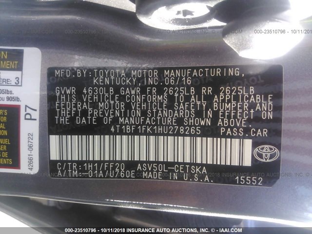 4T1BF1FK1HU278265 - 2017 TOYOTA CAMRY LE/XLE/SE/XSE 灰色 照片 9