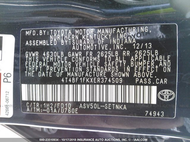 4T4BF1FKXER374509 - 2014 TOYOTA CAMRY L/SE/LE/XLE 黑色 照片 9