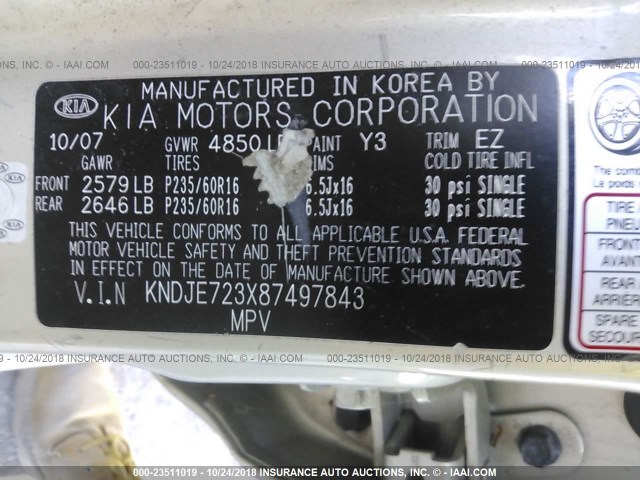 KNDJE723X87497843 - 2008 KIA SPORTAGE EX/LX SILVER photo 9