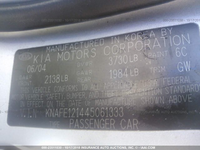 KNAFE121445061333 - 2004 KIA NEW SPECTRA LX/EX SILVER photo 9