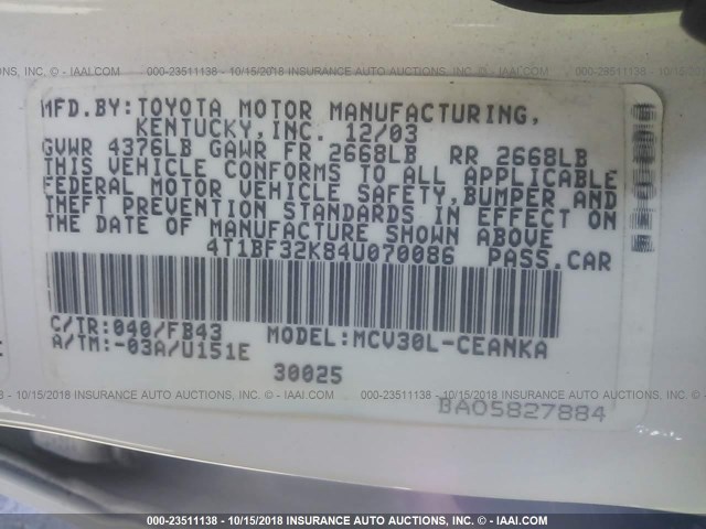 4T1BF32K84U070086 - 2004 TOYOTA CAMRY LE/XLE/SE WHITE photo 9
