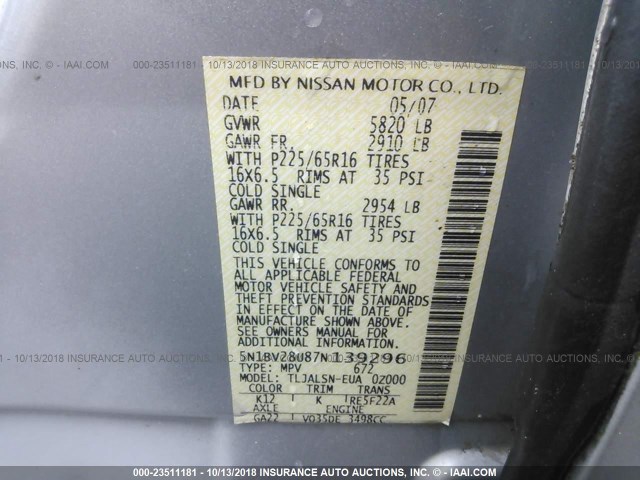 5N1BV28U87N139296 - 2007 NISSAN QUEST S/SE/SL SILVER photo 9