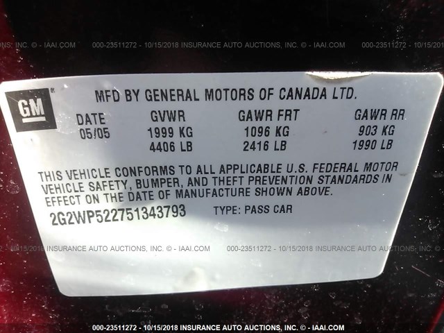 2G2WP522751343793 - 2005 PONTIAC GRAND PRIX წითელი ფოტო 9