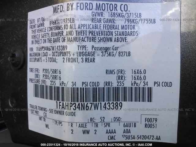 1FAHP34N67W143389 - 2007 FORD FOCUS ZX4/S/SE/SES ვერცხლისფერი ფოტო 9
