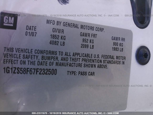 1G1ZS58F67F232500 - 2007 CHEVROLET MALIBU LS Ağ foto 9