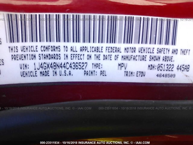 1J4GX48N44C436527 - 2004 JEEP GRAND CHEROKEE LAREDO/COLUMBIA/FREEDOM RED photo 9