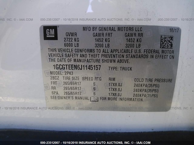 1GCGTEEN6J1145157 - 2018 CHEVROLET COLORADO ZR2 WHITE photo 9