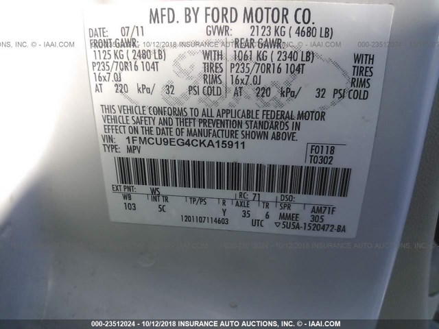 1FMCU9EG4CKA15911 - 2012 FORD ESCAPE LIMITED WHITE photo 9