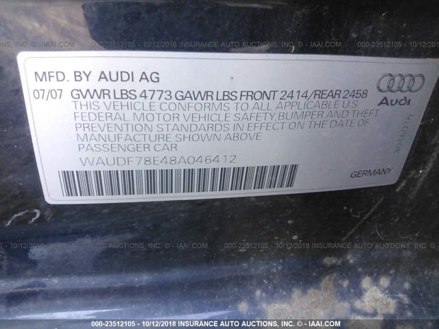 WAUDF78E48A046412 - 2008 AUDI A4 2.0T QUATTRO BLUE photo 9