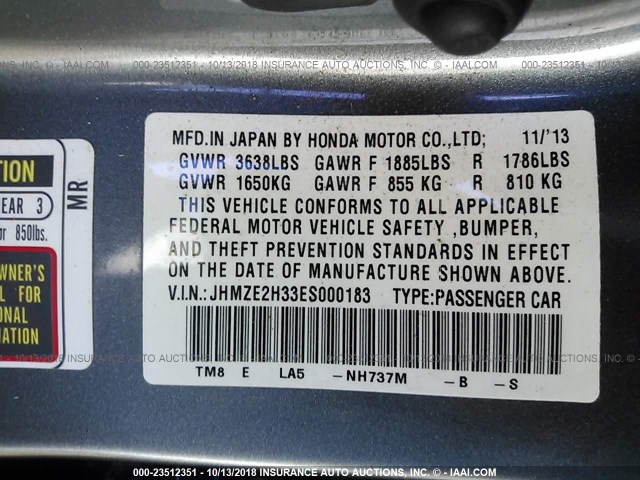 JHMZE2H33ES000183 - 2014 HONDA INSIGHT GRAY photo 9