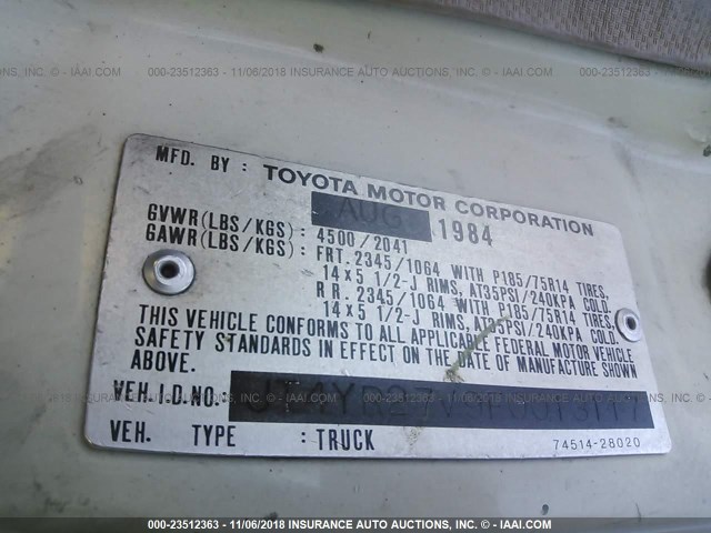 JT4YR27V9F0013117 - 1985 TOYOTA VAN WAGON CARGO WHITE photo 9