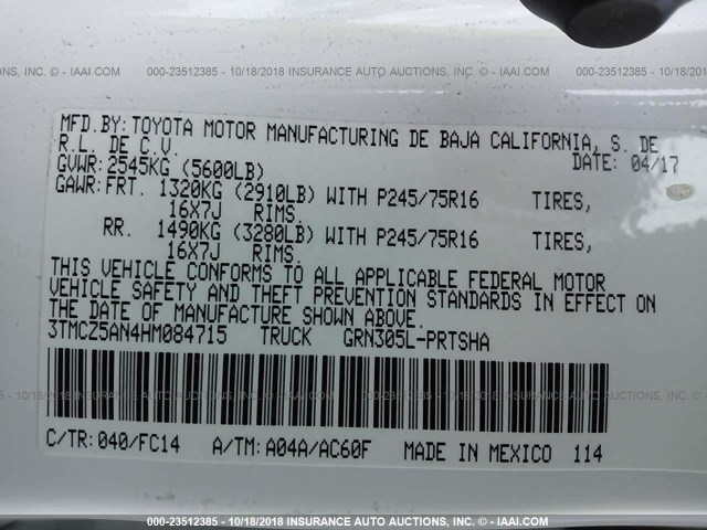 3TMCZ5AN4HM084715 - 2017 TOYOTA TACOMA DBL CAB/SR/TRDSPT/OR/PRO Ақ фото 9