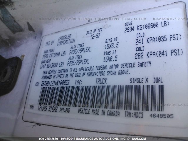 2B7HB11Z1WK100955 - 1998 DODGE RAM VAN B1500 WHITE photo 9