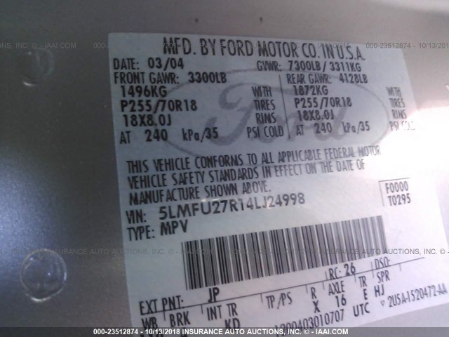 5LMFU27R14LJ24998 - 2004 LINCOLN NAVIGATOR Күміс фото 9