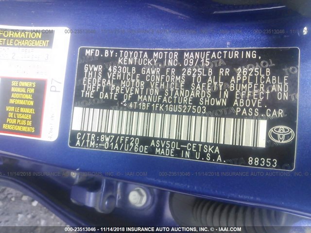 4T1BF1FK1GU527503 - 2016 TOYOTA CAMRY LE/XLE/SE/XSE 蓝色 照片 9