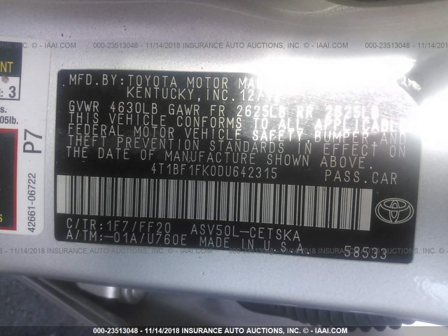 4T1BF1FK0DU642315 - 2013 TOYOTA CAMRY L/SE/LE/XLE Gümüş foto 9