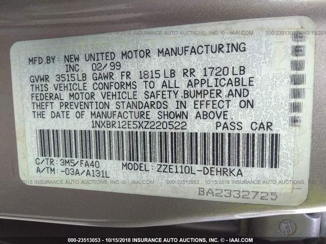 1NXBR12E5XZ220522 - 1999 TOYOTA COROLLA VE/CE/LE GOLD photo 9