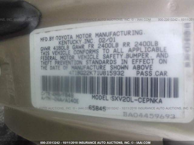 4T1BG22K71U815932 - 2001 TOYOTA CAMRY CE/LE/XLE 金色 照片 9