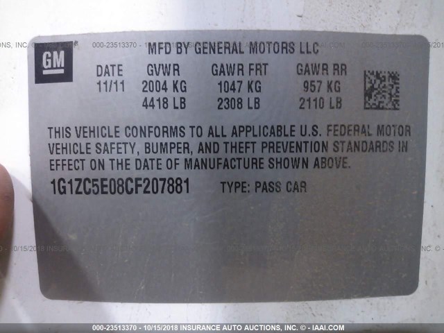 1G1ZC5E08CF207881 - 2012 CHEVROLET MALIBU 1LT WHITE photo 9