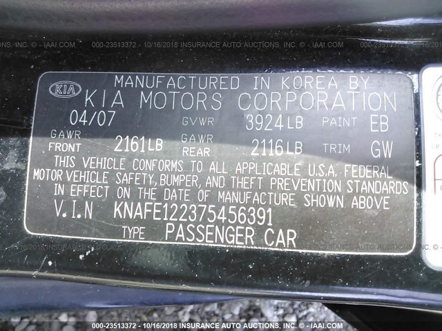 KNAFE122375456391 - 2007 KIA SPECTRA EX/LX BLACK photo 9