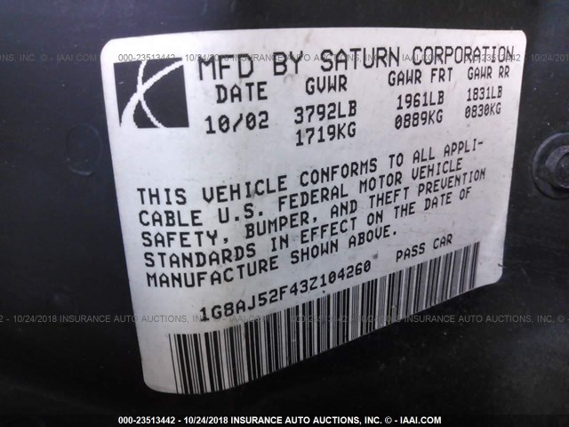 1G8AJ52F43Z104260 - 2003 SATURN ION LEVEL 2 勃艮第红 照片 9