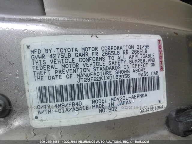 JT2BF22K1X0183056 - 1999 TOYOTA CAMRY LE/XLE 金色 照片 9