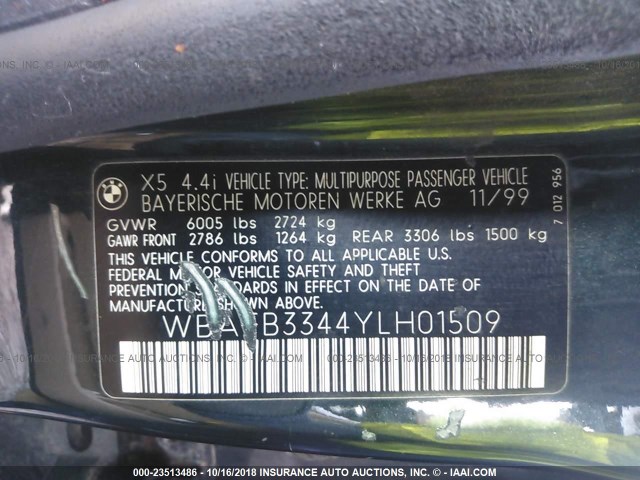 WBAFB3344YLH01509 - 2000 BMW X5 4.4I GREEN photo 9