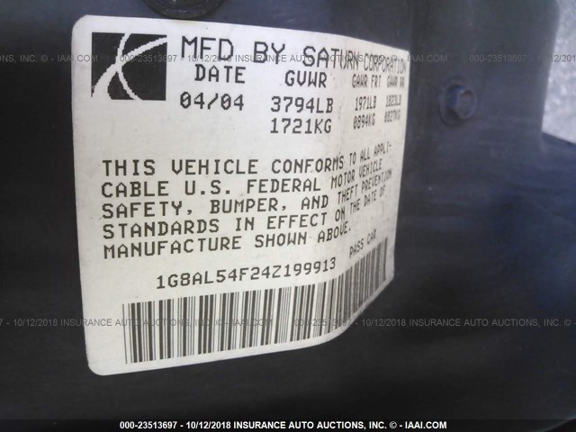 1G8AL54F24Z199913 - 2004 SATURN ION LEVEL 3 GRAY photo 9