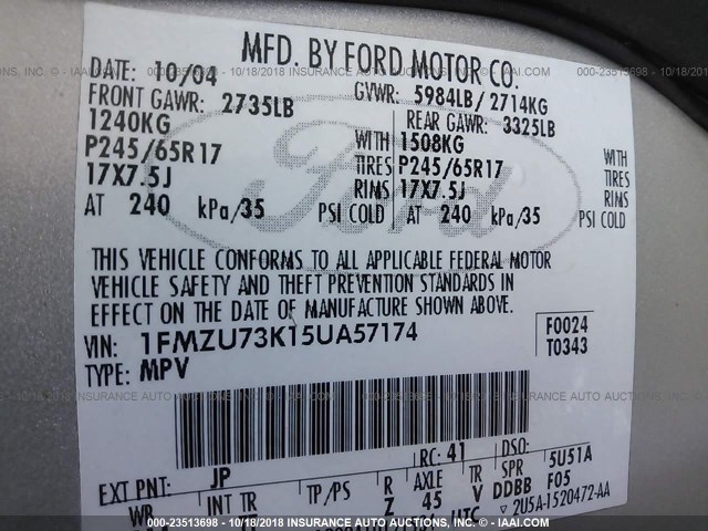 1FMZU73K15UA57174 - 2005 FORD EXPLORER XLT/XLT SPORT/NBX 银色 照片 9