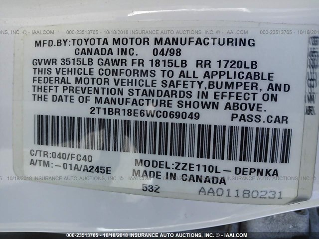 2T1BR18E6WC069049 - 1998 TOYOTA COROLLA VE/CE/LE 白色 照片 9