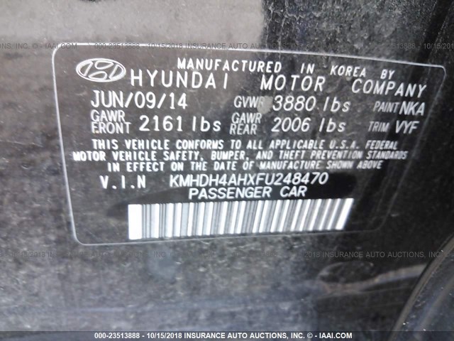 KMHDH4AHXFU248470 - 2015 HYUNDAI ELANTRA SE/SPORT/LIMITED BLACK photo 9