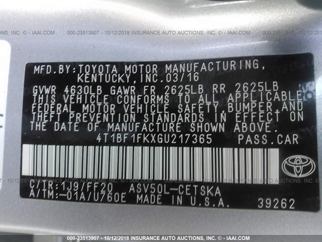 4T1BF1FKXGU217365 - 2016 TOYOTA CAMRY LE/XLE/SE/XSE SILVER photo 9