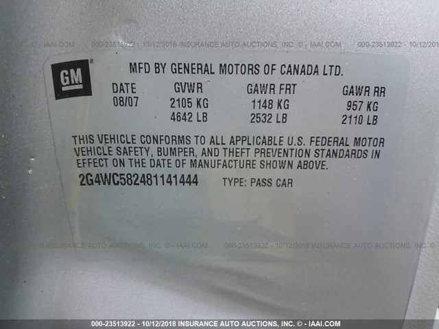 2G4WC582481141444 - 2008 BUICK LACROSSE CX SILVER photo 9