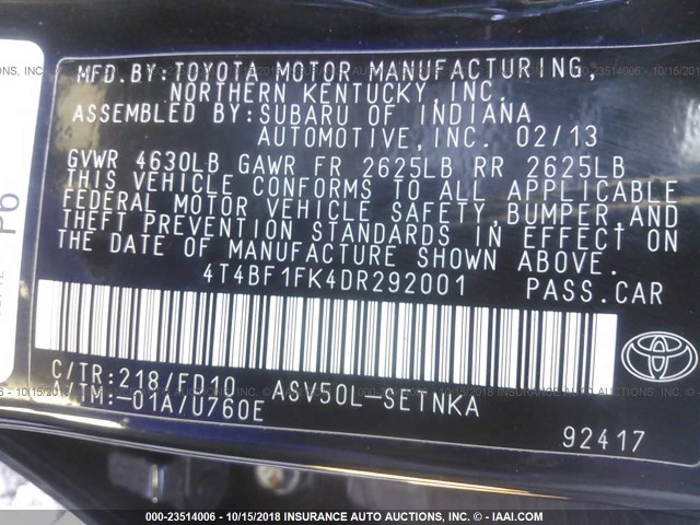 4T4BF1FK4DR292001 - 2013 TOYOTA CAMRY L/SE/LE/XLE Qara foto 9