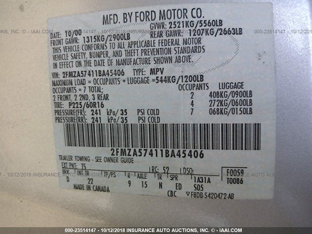 2FMZA57411BA45406 - 2001 FORD WINDSTAR SE SPORT SILVER photo 9