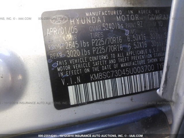 KM8SC73D45U003700 - 2005 HYUNDAI SANTA FE GLS/LX SILVER photo 9