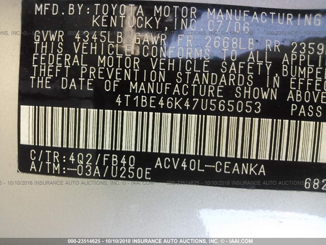 4T1BE46K47U565053 - 2007 TOYOTA CAMRY NEW GENERAT CE/LE/XLE/SE GOLD photo 9