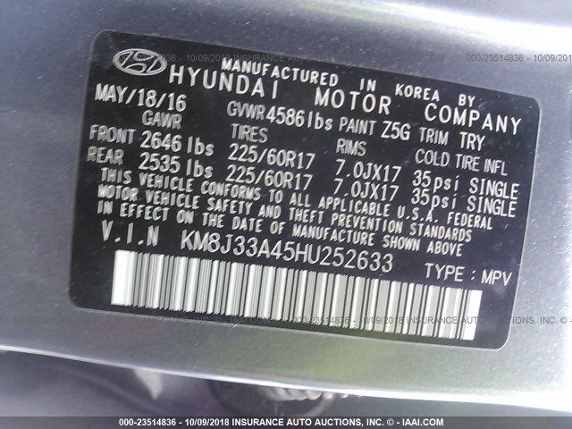 KM8J33A45HU252633 - 2017 HYUNDAI TUCSON LIMITED/SPORT AND ECO/SE GRAY photo 9