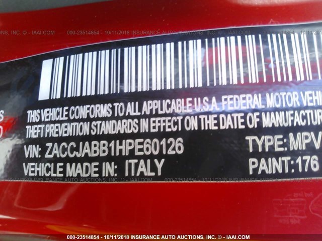 ZACCJABB1HPE60126 - 2017 JEEP RENEGADE LATITUDE RED photo 9