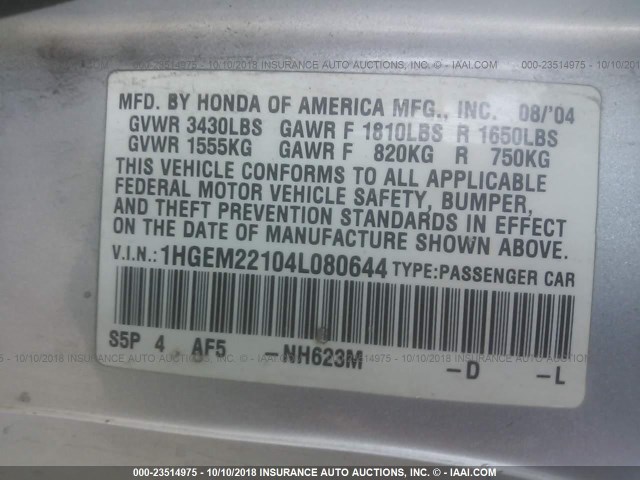 1HGEM22104L080644 - 2004 HONDA CIVIC DX VP SILVER photo 9